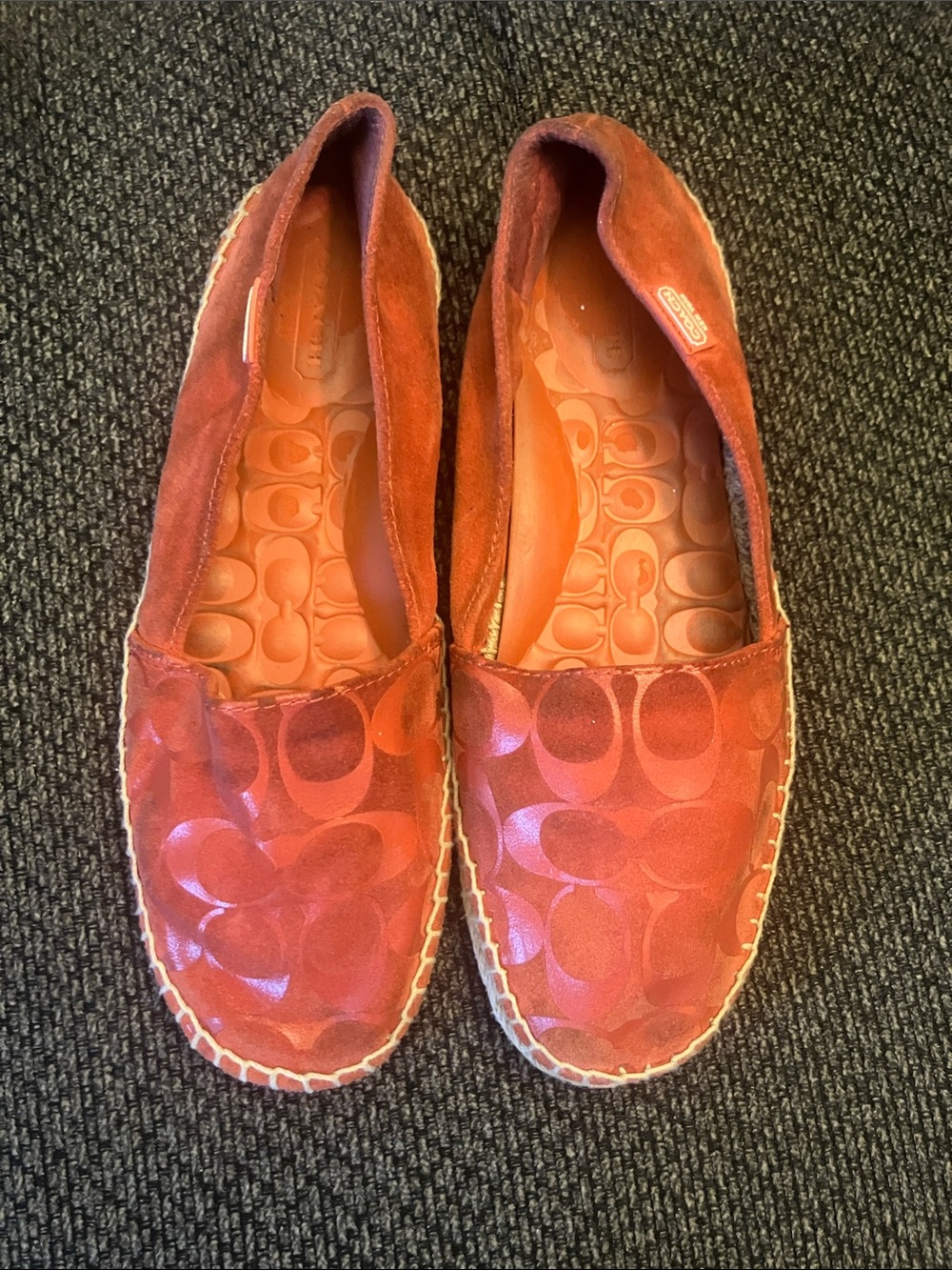 Coach “June” espadrille loafers red/coral suede upper signature logo 9.5
